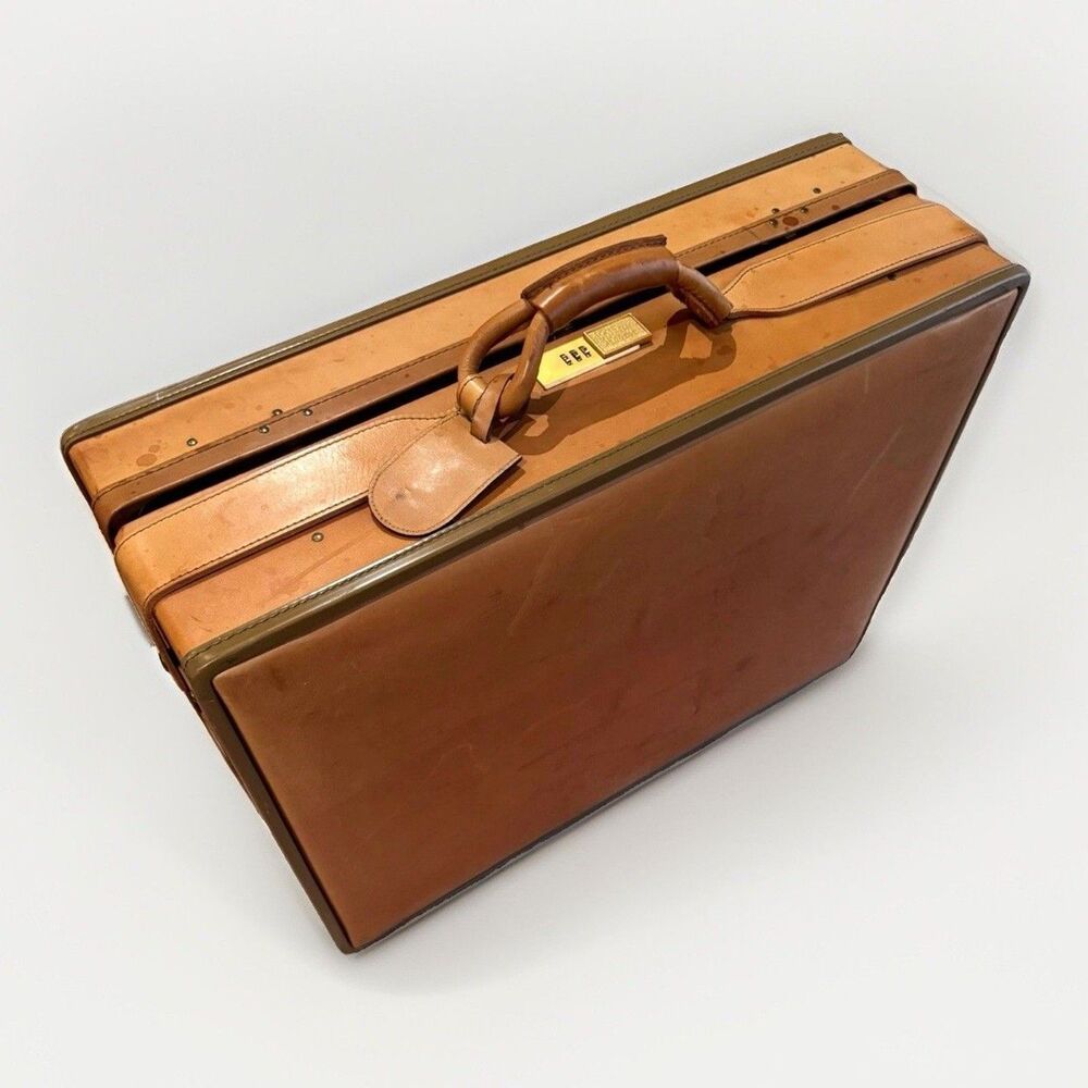 Vintage Hartmann 1970s Tan Brown Suitcase Leather Combo Lock Travel Luggage